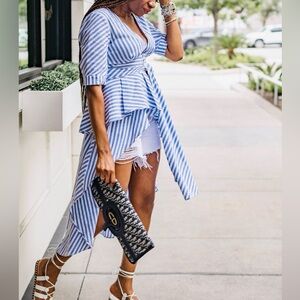LILLY’S KLOSET Striped Blue & White High-Low Waterfall Blouse Flowy Top